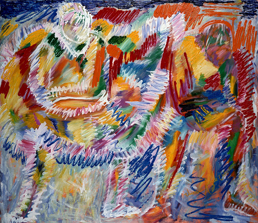 Sitting Dancers — limited-edition masterprint by Veronica Ruiz de Velasco. Short, zigzagging strokes in red, gold, cobalt, and white build a dense, coiled composition where rounded loops suggest bent knees and drawn-up limbs.