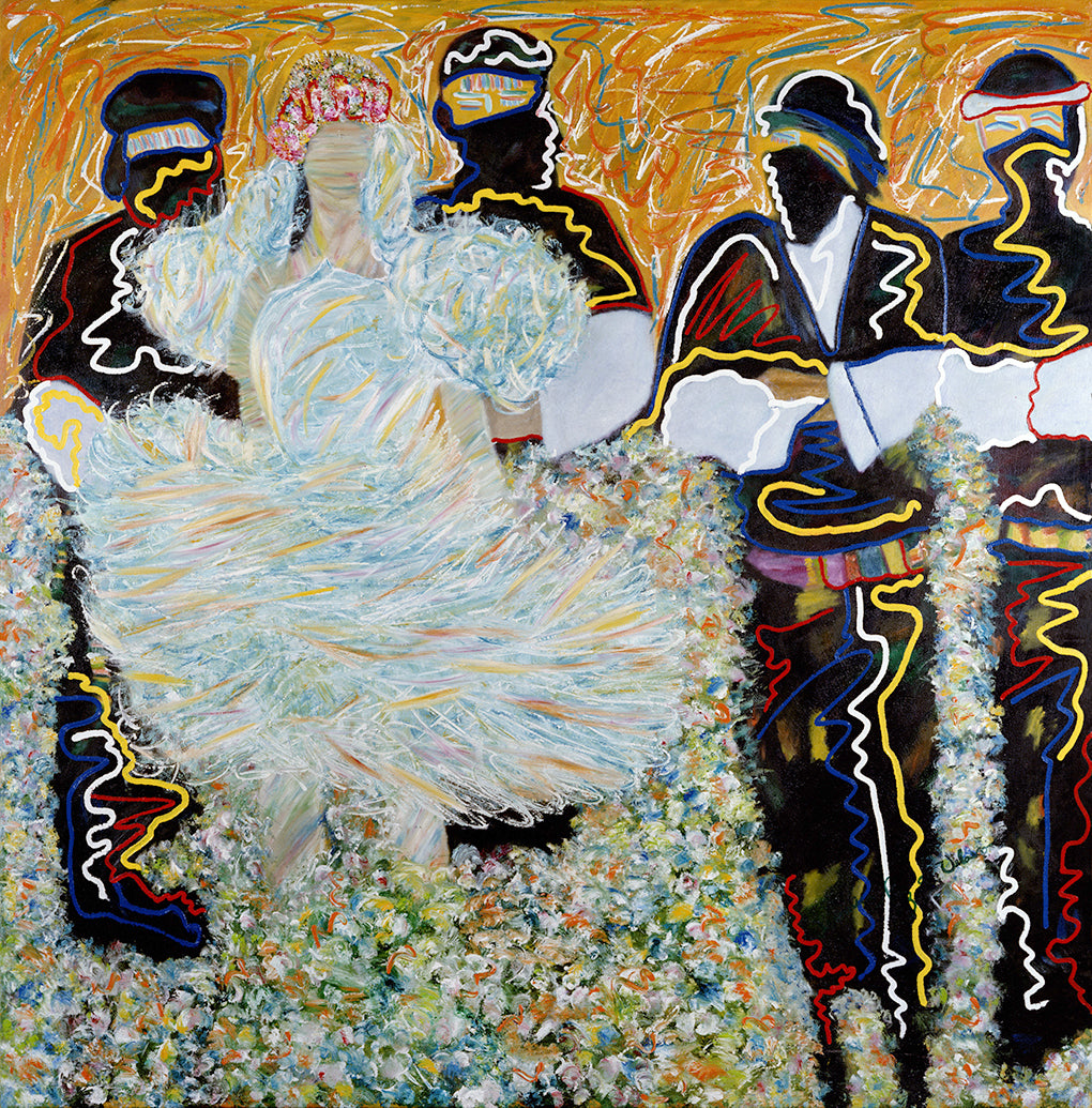 Arab Dancers — Chromaluxe print by Veronica Ruiz de Velasco. Dancers turn through a field of color, four men gathered behind them — one of Veronica's most beloved compositions from her Mexico years, where movement and color become a single gesture.