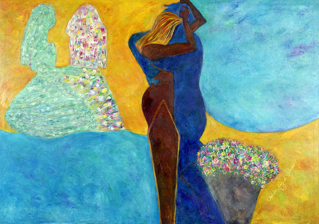 Padre y Madre e Hijas — limited-edition masterprint by Veronica Ruiz de Velasco. A dark, wine-toned figure and a cobalt-blue figure stand wrapped in a close embrace at the center of the canvas.