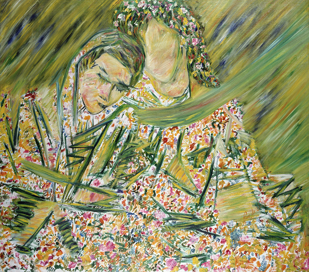 Frances y Susana — limited-edition masterprint by Veronica Ruiz de Velasco. Two heads bow together beneath loose wreaths of floral brushwork.