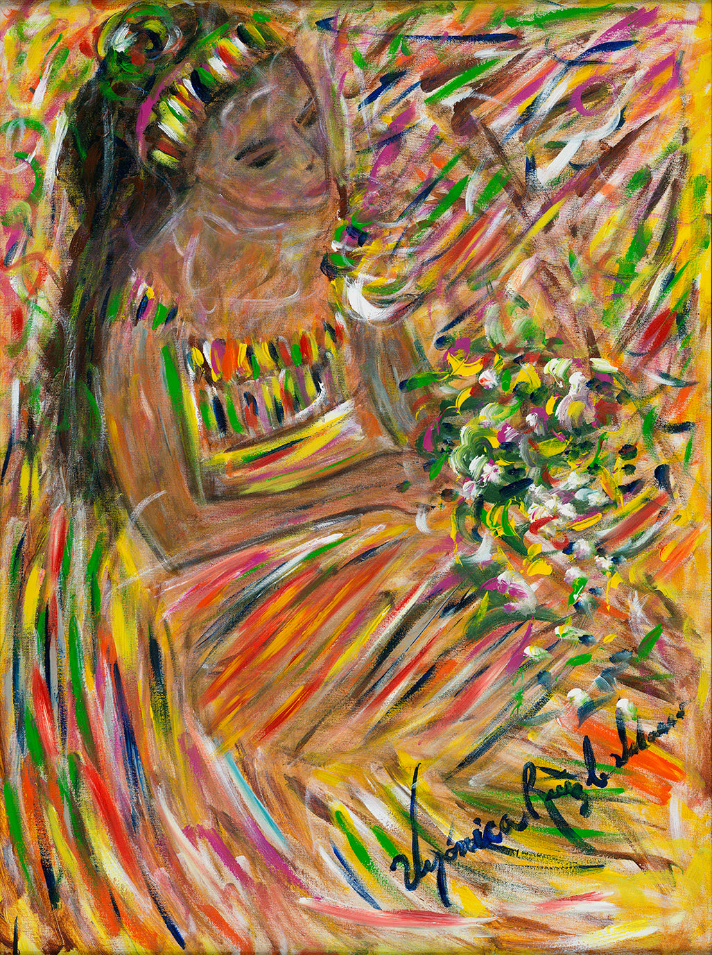 The Daughter — limited-edition masterprint by Veronica Ruiz de Velasco. A bowed profile rests beneath a small rosette pinned in dark hair, ringed by rows of striped color at the collar.
