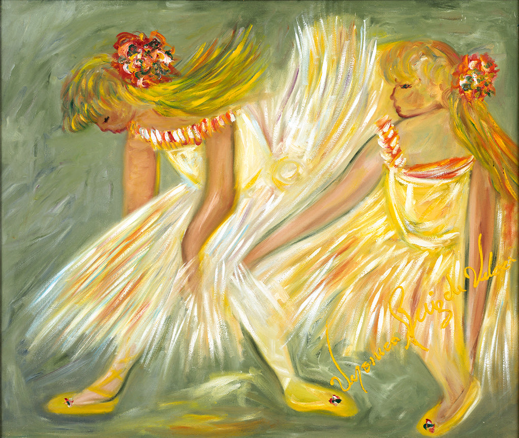 Degas Daughters — limited-edition masterprint by Veronica Ruiz de Velasco. Two ballerina figures bend forward at the waist in matching white and pale-yellow satin dresses, a small cluster of red-orange flowers pinned in each one's hair.