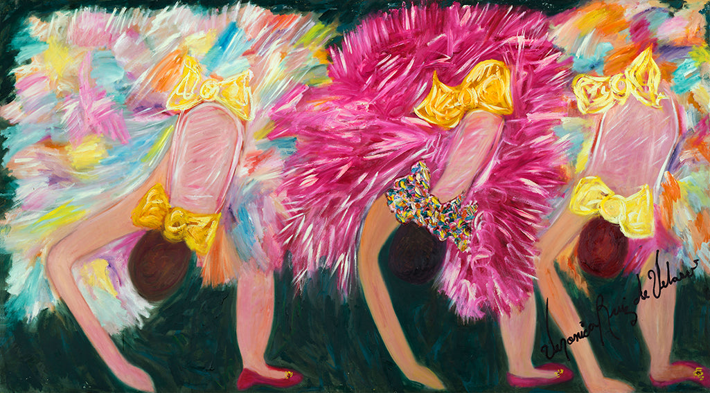 Oh La La Dancers — limited-edition masterprint by Veronica Ruiz de Velasco. Three dancers bend forward in a row, seen from behind, their ruffled tutus built up in thick, feathery strokes of cotton-candy pink.