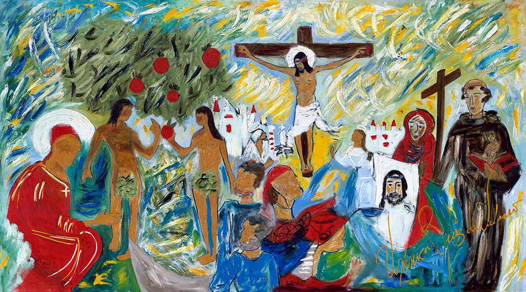 The Mission — limited-edition masterprint by Veronica Ruiz de Velasco. A crowded, multi-scene composition unfolds across a swirling backdrop of blues, greens, and gold.