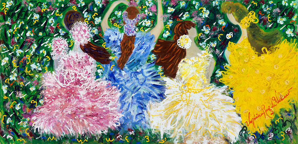Dallas Dancers — limited-edition masterprint by Veronica Ruiz de Velasco. Four dancers are seen from behind in ruffled tutus of pink, blue, cream, and yellow, arms lifted overhead in mirrored arcs.