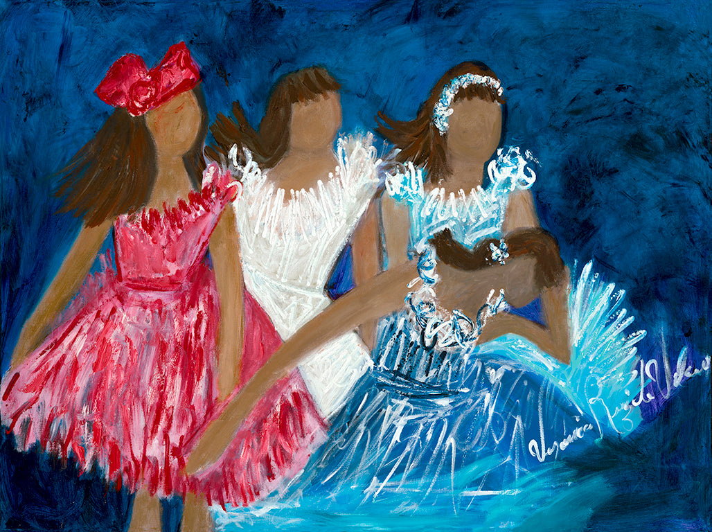 Freedom — limited-edition masterprint by Veronica Ruiz de Velasco. Three girls in red, white, and blue party dresses stand arm in arm against a deep indigo ground, their skirts built up in quick, scratchy white strokes that catch the light like tulle in motion.