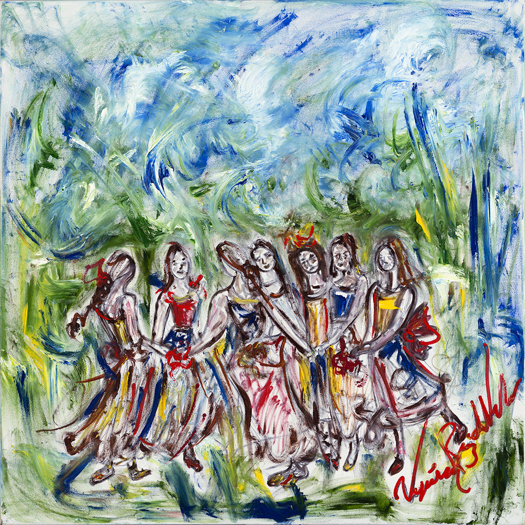 The Sisters — limited-edition masterprint by Veronica Ruiz de Velasco. A group of women in red, yellow, blue, and white dresses dance in a line, arms linked together.
