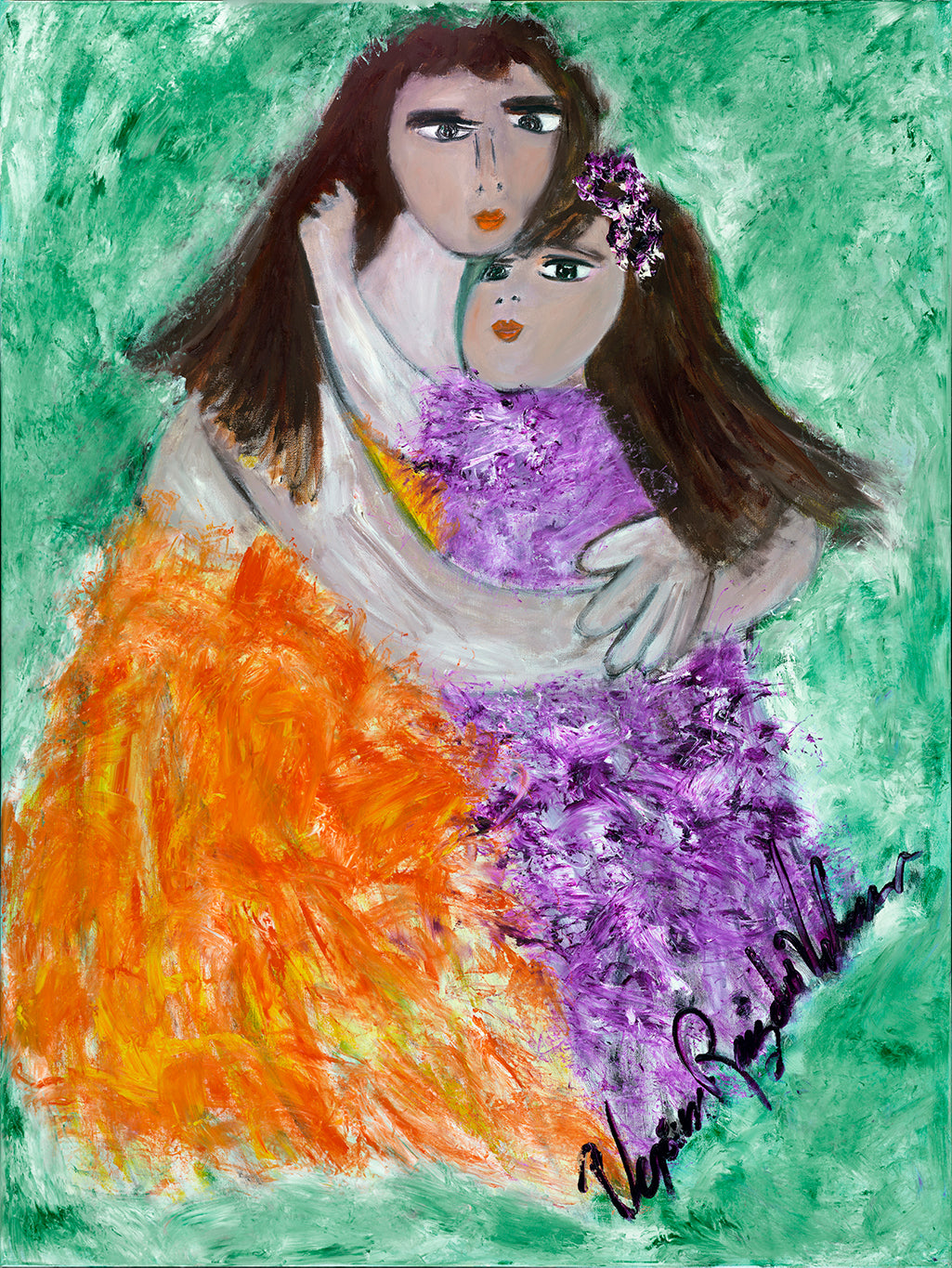 The Embrace — limited-edition masterprint by Veronica Ruiz de Velasco. A long-haired figure in white wraps around a smaller child crowned with a single purple bloom.