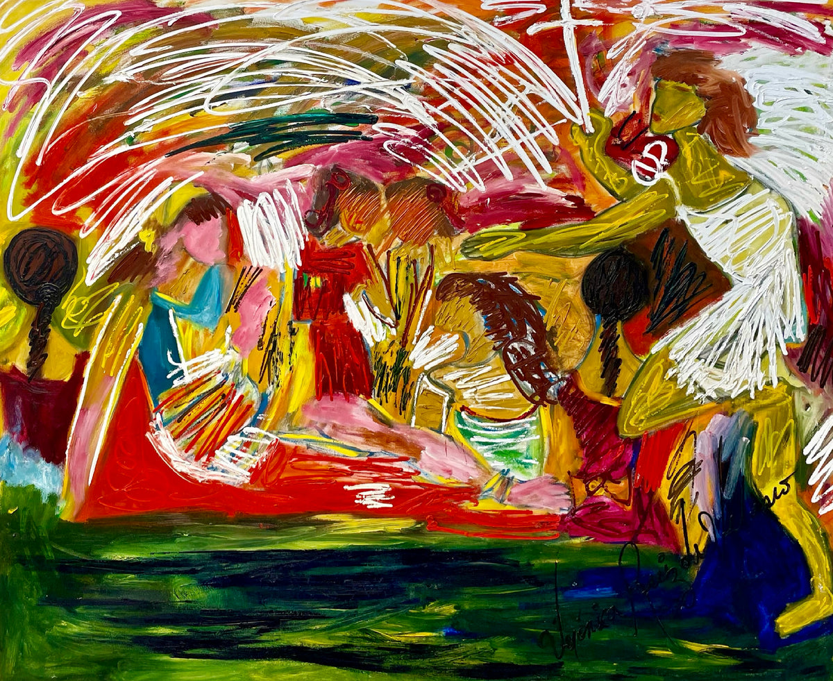 Angel Blessing the Girl — original painting by Veronica Ruiz de Velasco. Loose white strokes fan out like wings and rays of light across a hot field of crimson, gold, and rose.