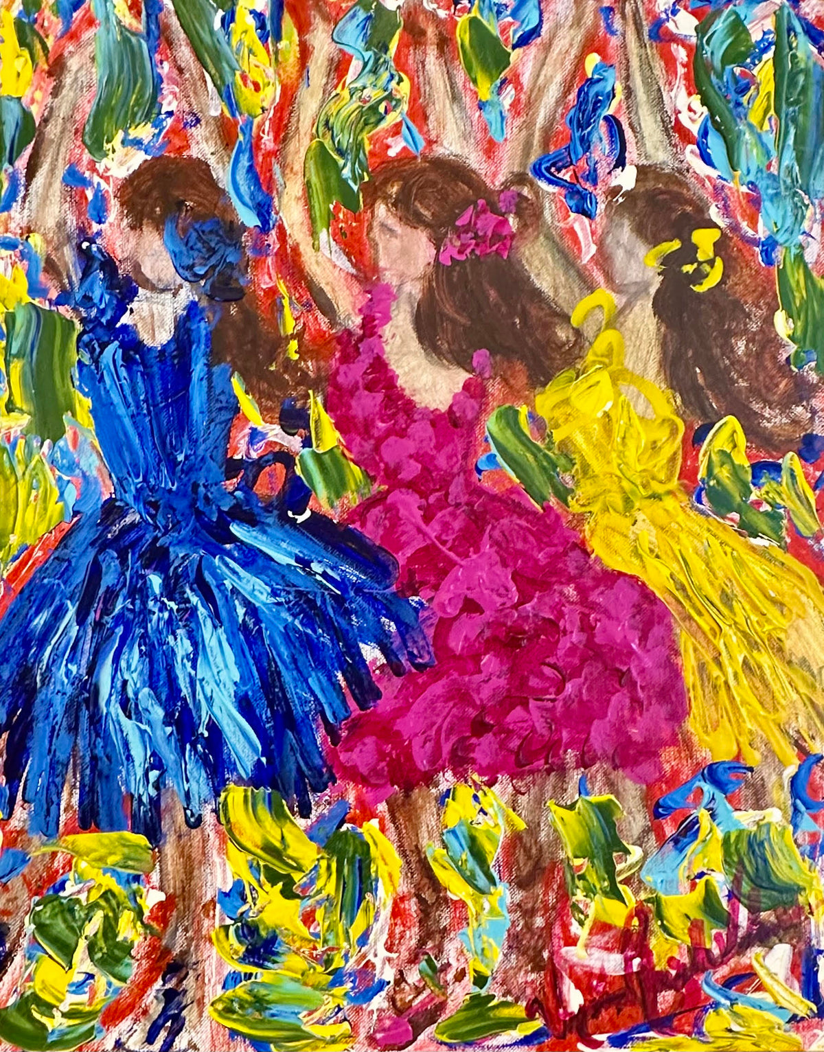 Ashleigh, Adeline, Veronica Dancers — original painting by Veronica Ruiz de Velasco. Three young dancers in royal blue, magenta and yellow impasto skirts stand shoulder to shoulder, backs turned.