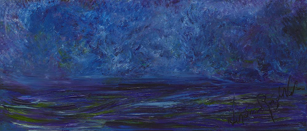 Adeline For Our Ocean — original painting by Veronica Ruiz de Velasco. A moody, dark seascape of deep blue and violet sky over a dark horizon and green-black water.