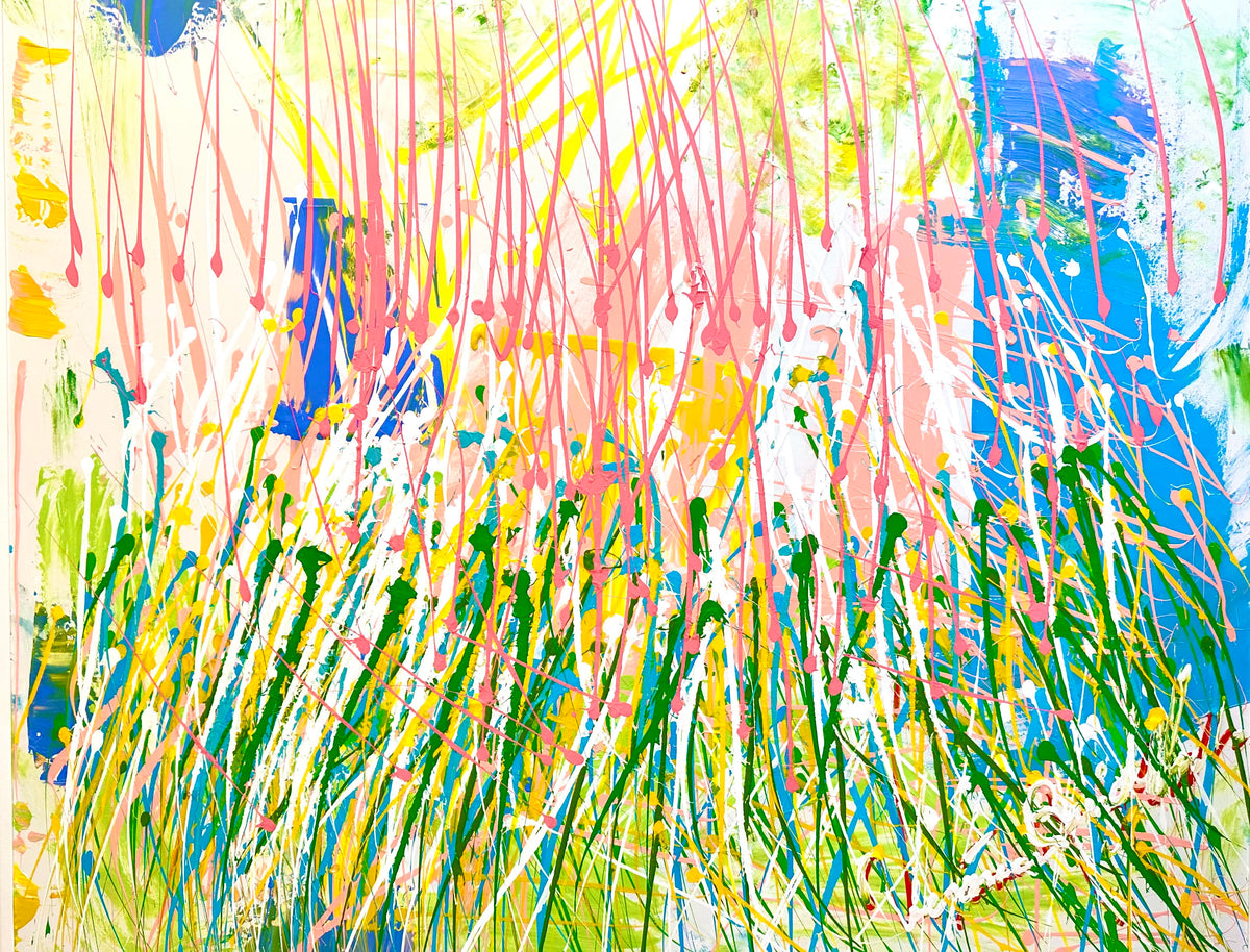 Boots Grass — original painting by Veronica Ruiz de Velasco. Vertical threads of coral pink drip like rain or tall grass over yellow, green and blue.