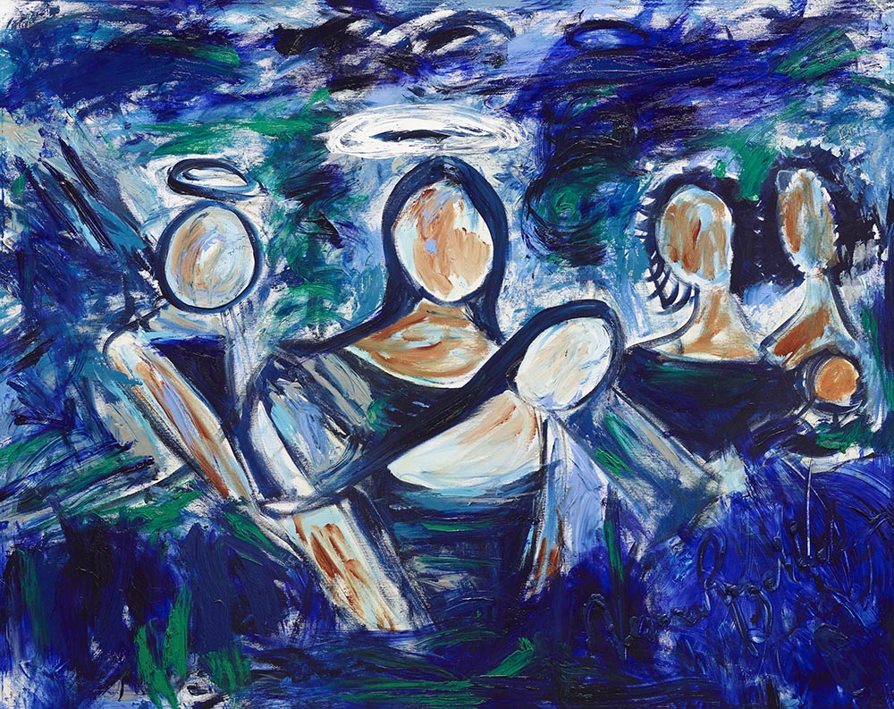 God So Happy — original painting by Veronica Ruiz de Velasco. Four figures with pale oval faces, two with white halo rings, against a blue and teal ground.