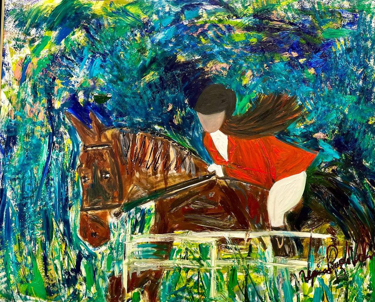 Veronica and Evenement Horse — original painting by Veronica Ruiz de Velasco. A rider in a red hunt jacket on a brown horse before a white fence and blue-green foliage.