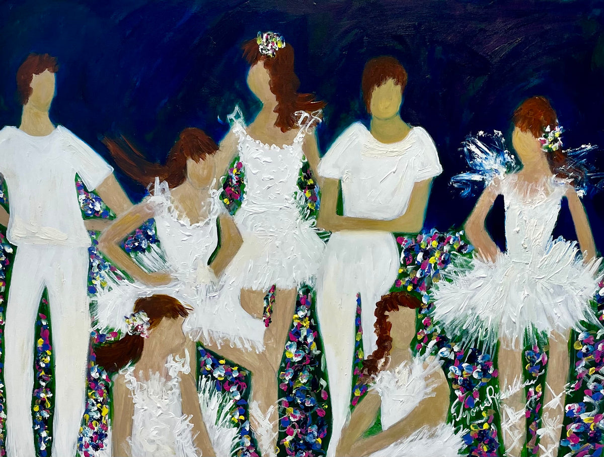 My Favorite Dancer — original oil on canvas by Veronica Ruiz de Velasco. A loose gathering of figures stands against a deep indigo ground threaded with vertical garlands of pink, blue.