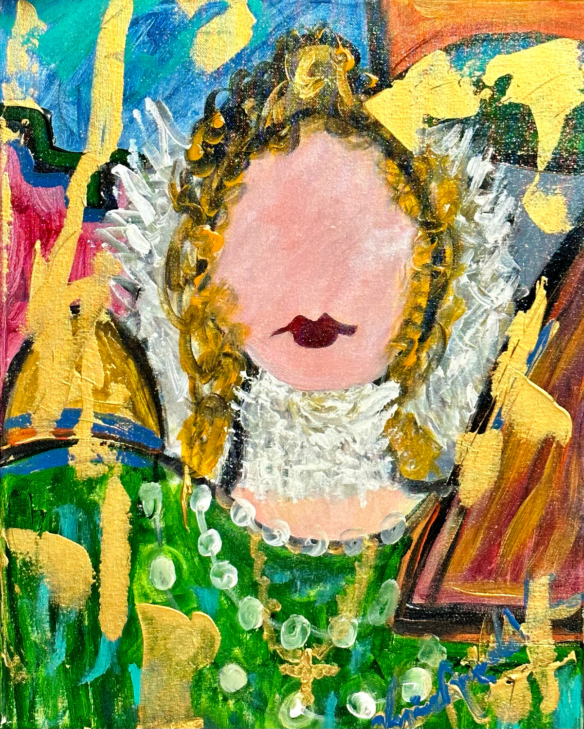 Reina Isabel — original acrylic on canvas by Veronica Ruiz de Velasco. A front-facing portrait with gold braided hair, dark red lips, a white ruffled collar and a pearl necklace.
