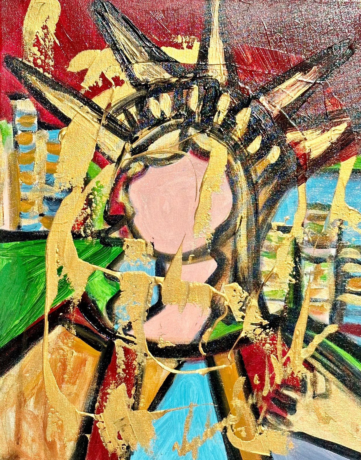 Asheleigh in New York — original acrylic on canvas by Veronica Ruiz de Velasco. A head crowned like the Statue of Liberty with gold-leaf spikes before a Manhattan skyline.