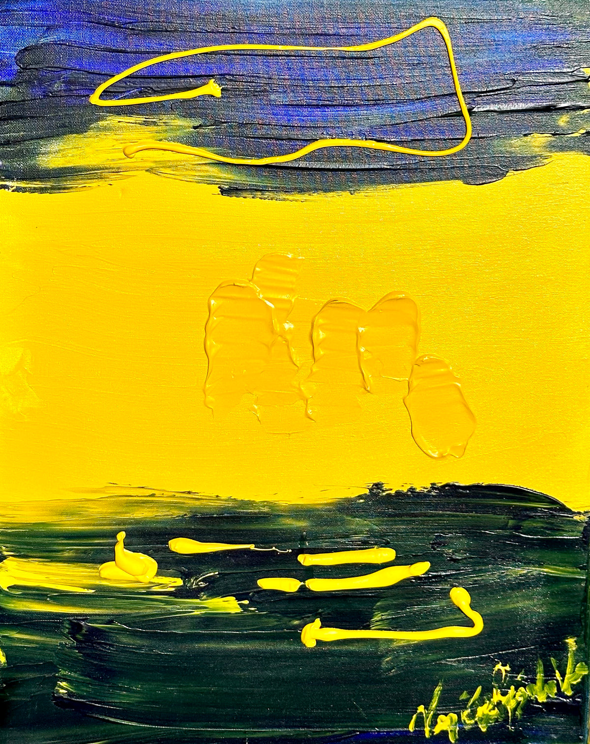 Pedal Sunset — original acrylic on canvas by Veronica Ruiz de Velasco. A wide field of bright yellow sits beneath a band of dark navy sky.