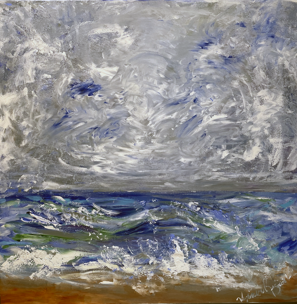Strong Ocean Palm Beach — original acrylic on canvas by Veronica Ruiz de Velasco. A churning grey-white sky presses low over a dark, restless sea with waves breaking in navy, teal and white foam.