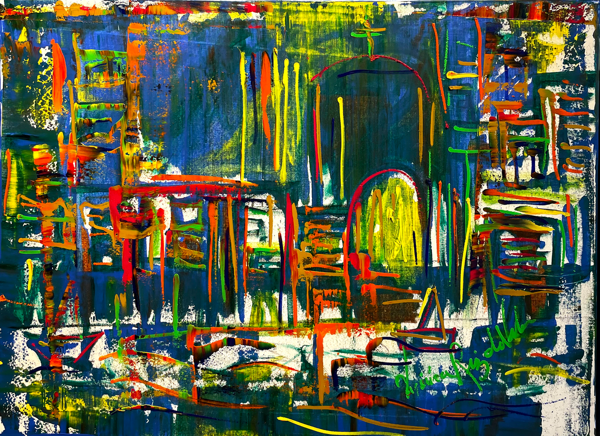 Keith's City — original oil on canvas by Veronica Ruiz de Velasco. A dense, glowing cityscape rises in vertical drips of yellow, orange, red and green over a deep blue-green ground.