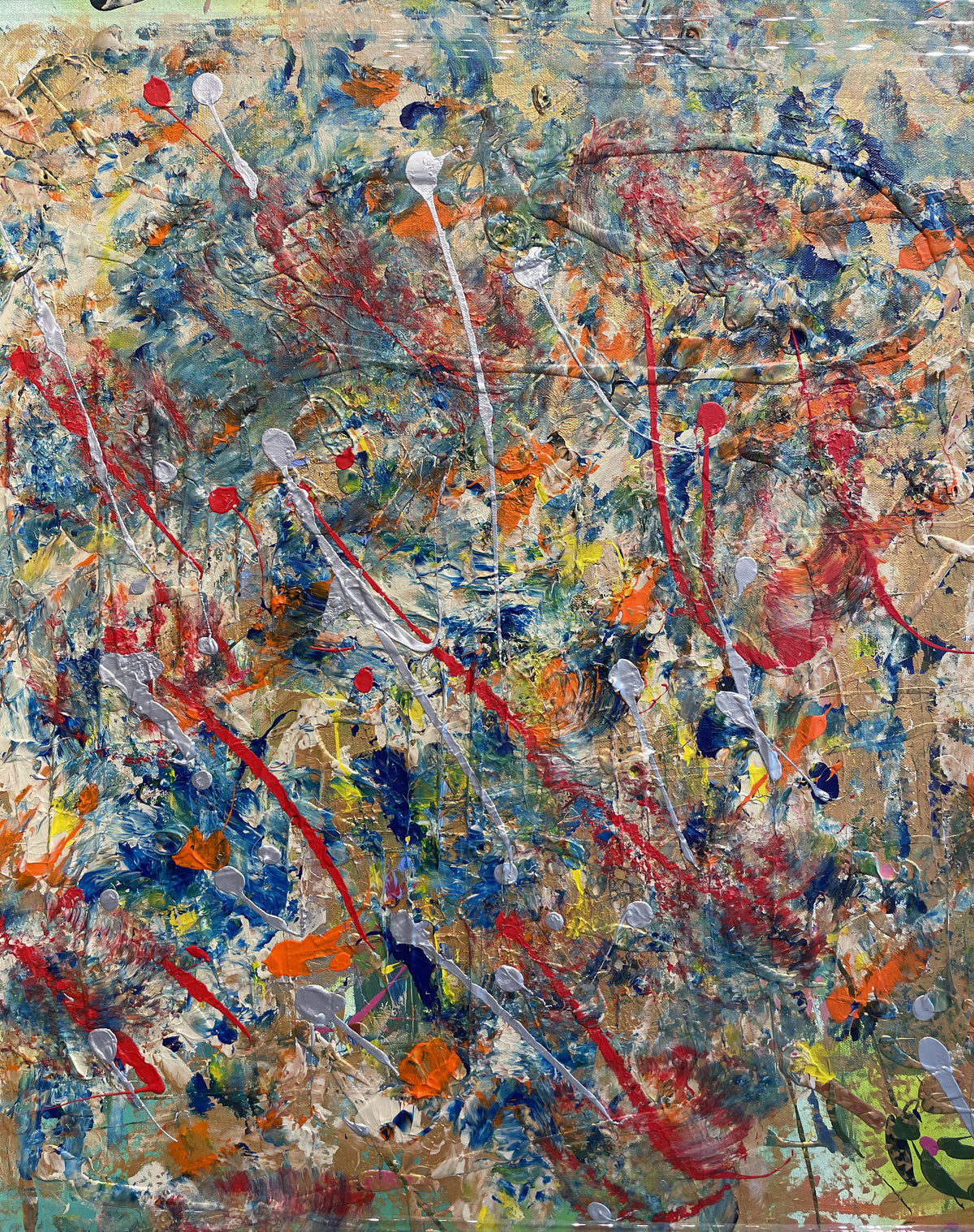 Playing — original acrylic on canvas by Veronica Ruiz de Velasco. A tan and cream field mottled with dark blue and teal is crossed by drips and flicks of red and silvery-white line.