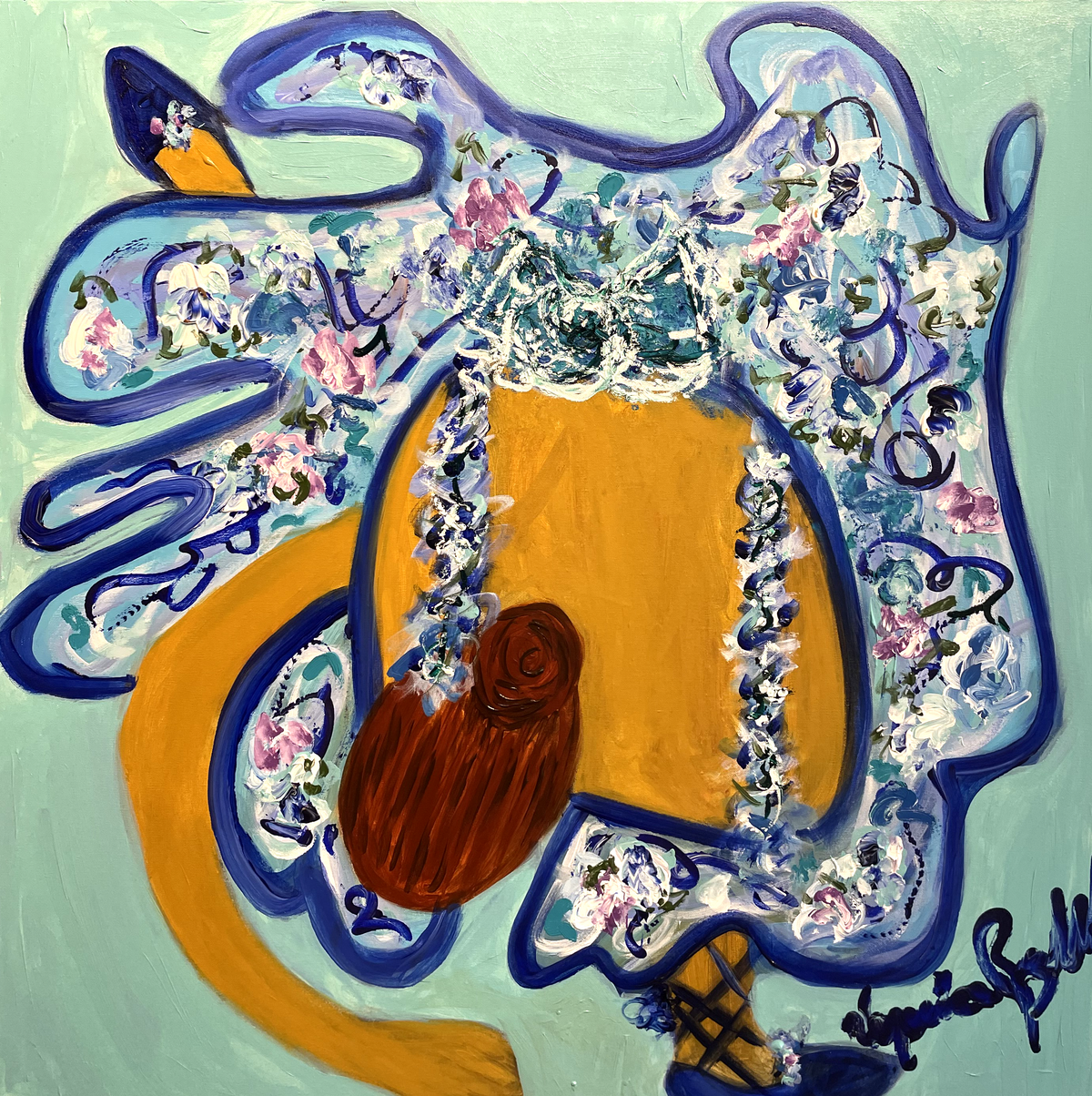 Dancer Juanita — original acrylic on canvas by Veronica Ruiz de Velasco. A single cobalt-blue contour line loops into a swirling figure on a soft mint-green ground.