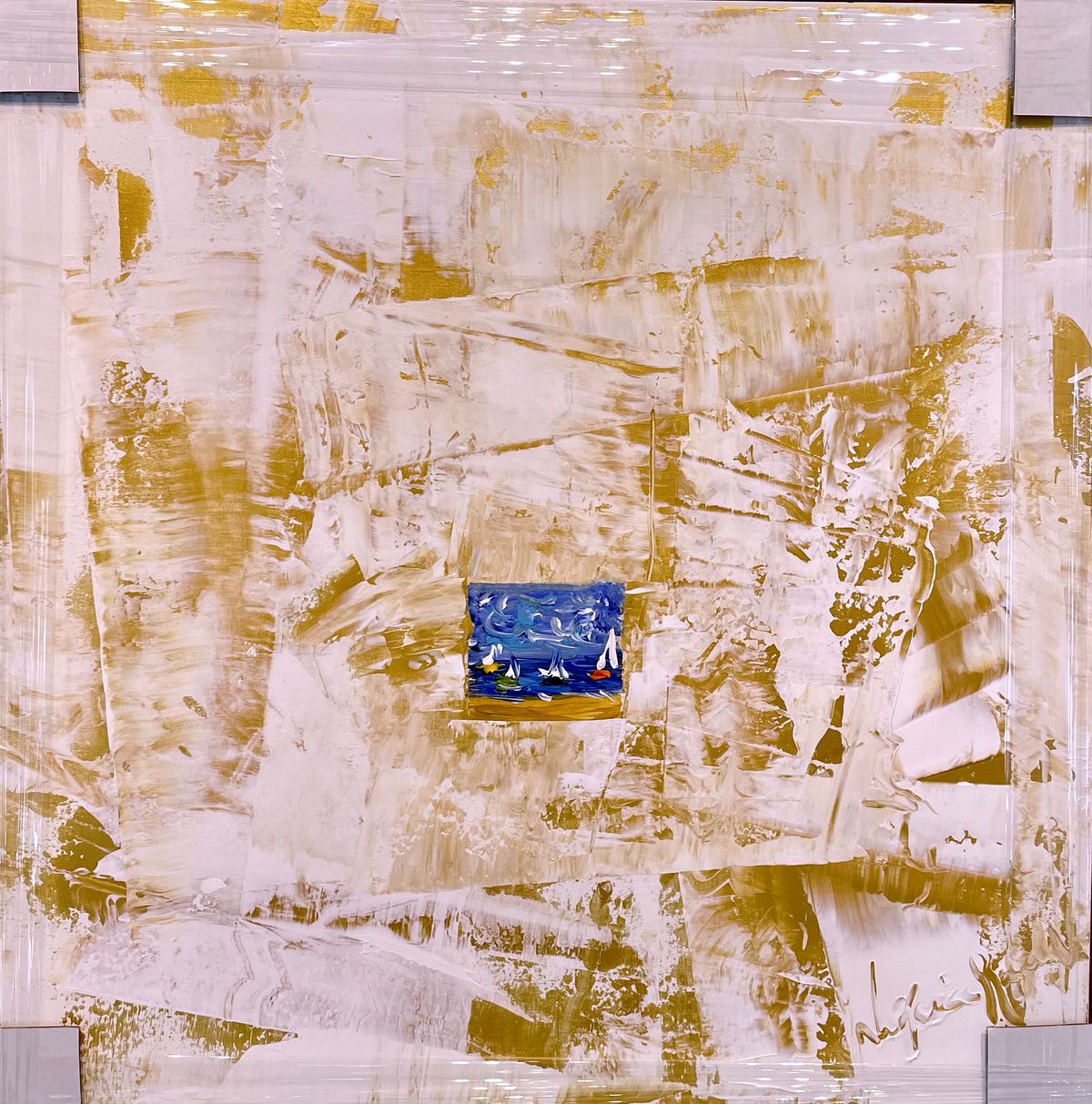 Anniversary โ original acrylic on canvas by Veronica Ruiz de Velasco. A wide expanse of cream and gold in broad, dragged strokes with a small blue square at the center.