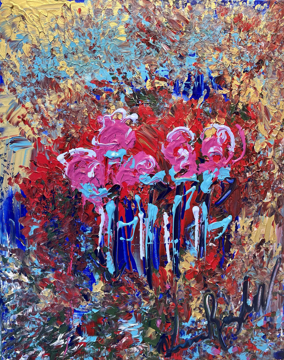 Family Flowers — original mixed technique by Veronica Ruiz de Velasco. Thick palette-knife ridges of pink and white paint form a cluster of roses in bold red, teal and blue.