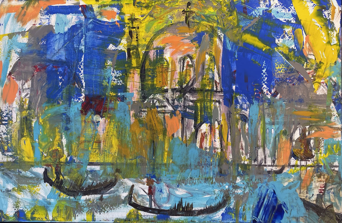 I Love Venice — original mixed technique by Veronica Ruiz de Velasco. A domed facade in gold, cream and orange rises above gondolas on blue water.
