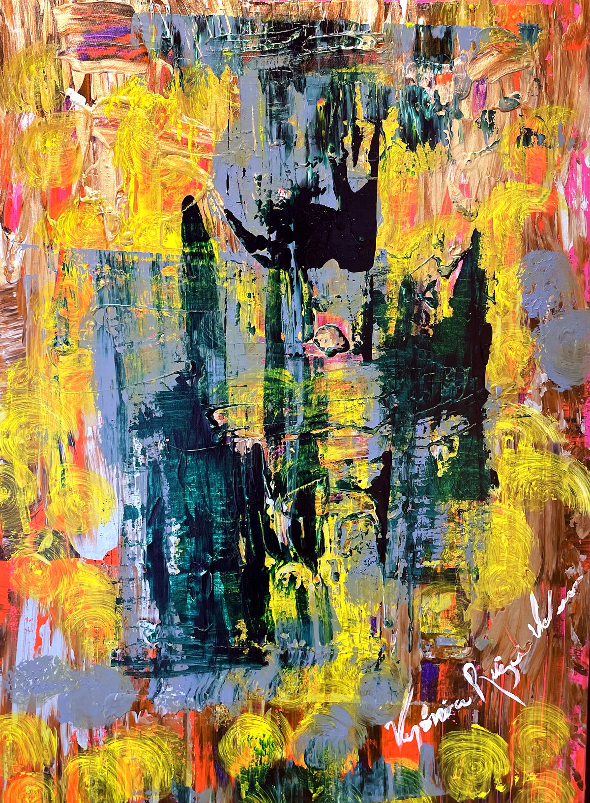Inspiration — original acrylic on canvas by Veronica Ruiz de Velasco. Loose vertical strokes of gold, amber and burnt orange fill the canvas like sunlit bark.