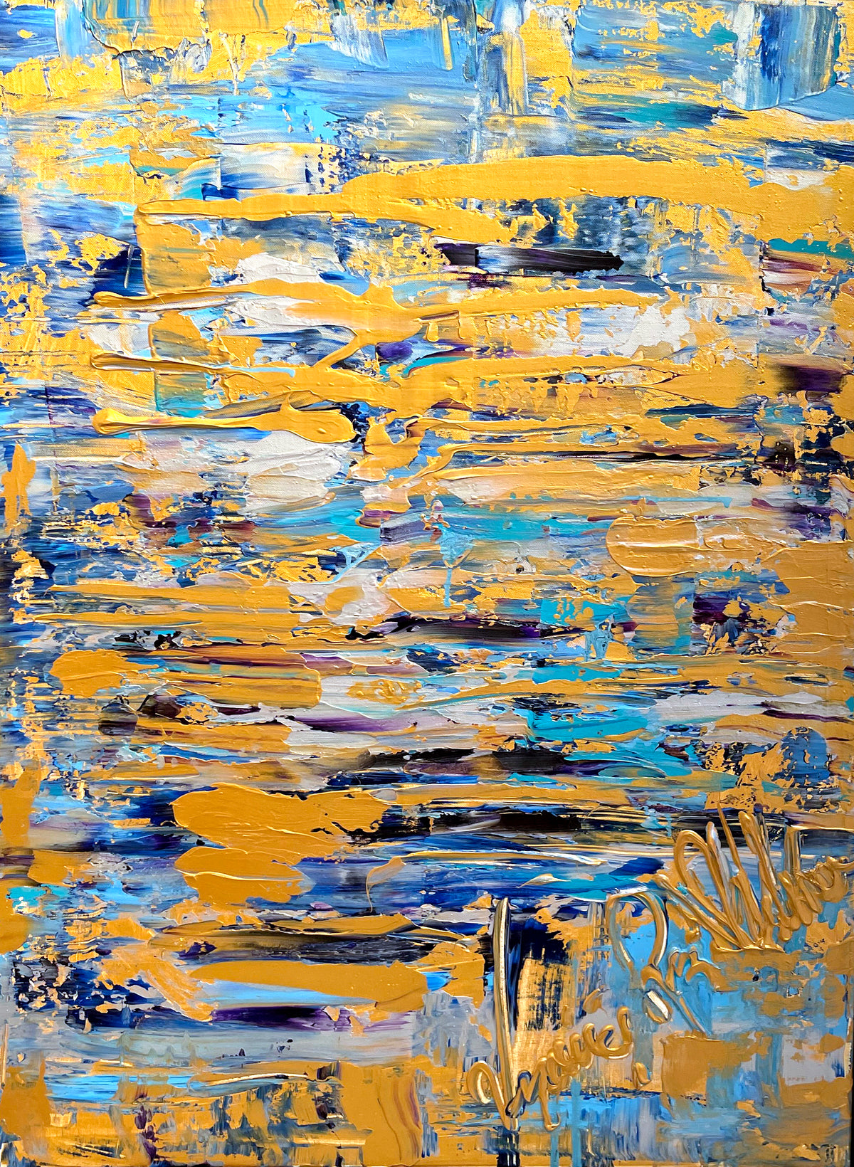 Thinking in Blue — original mixed technique by Veronica Ruiz de Velasco. Thick ochre-gold impasto in horizontal bands across layered turquoise, cobalt and white.
