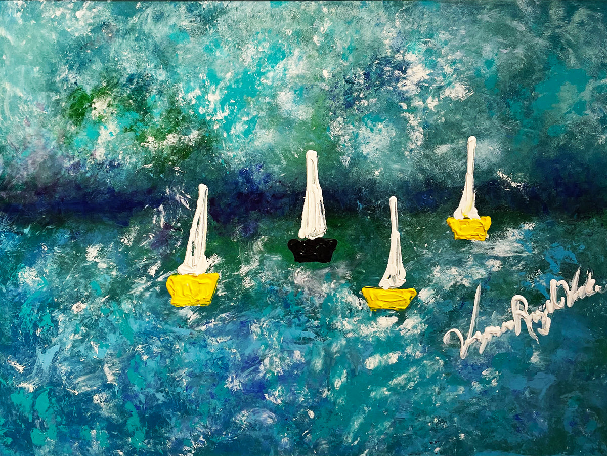 Afternoon in Palm Beach — original mixed technique by Veronica Ruiz de Velasco. Four small sailboats with tall white sails on a textured sea of teal, cobalt and white.