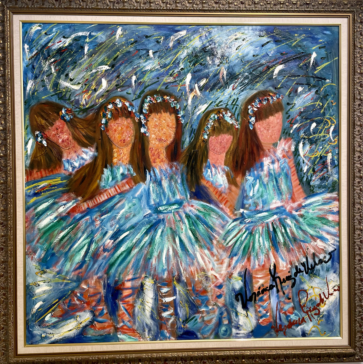 Ashley’s Friends — original painting by Veronica Ruiz de Velasco. Five young girls in flower crowns and teal-blue tutus stand shoulder to shoulder in loose, textured strokes.