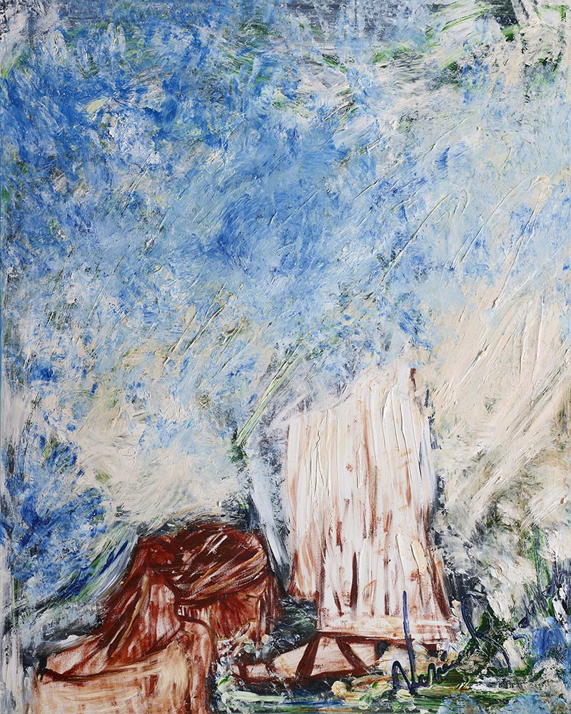 I Love You God — original painting by Veronica Ruiz de Velasco. Diagonal palette-knife strokes of blue, white and green sky above a dark rust-brown draped form.