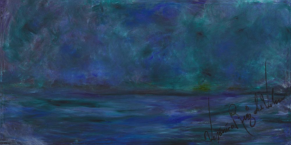 Just Relaxing By The Sea — original painting by Veronica Ruiz de Velasco. A dark, moody teal, blue and purple abstract seascape with cloudlike brushwork above a horizon.
