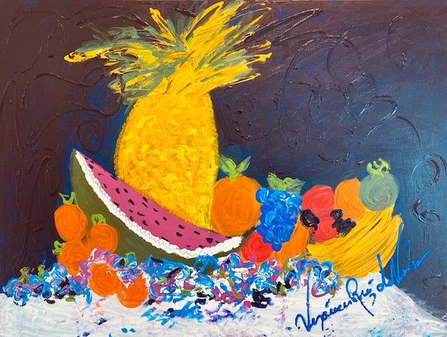 Mom's Fruit — original painting by Veronica Ruiz de Velasco. A gold pineapple, watermelon wedge and oranges heaped in a fruit bowl against a dark ground.