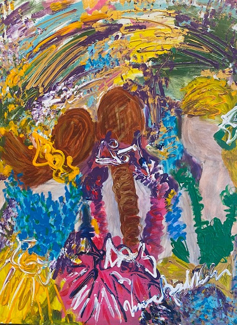 Shaw, Stephany, Natasha Dancers — original painting by Veronica Ruiz de Velasco. Three dancers seen from behind with auburn buns, beneath an arc of yellow, green and blue brushwork.