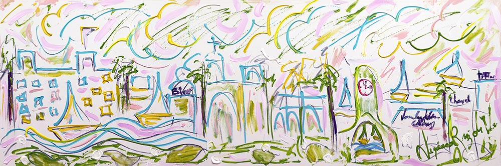 How Lovely It is in Palm Beach — original painting by Veronica Ruiz de Velasco. A panoramic skyline in loose calligraphic outline with colonnades, a clock face and sailboat masts.