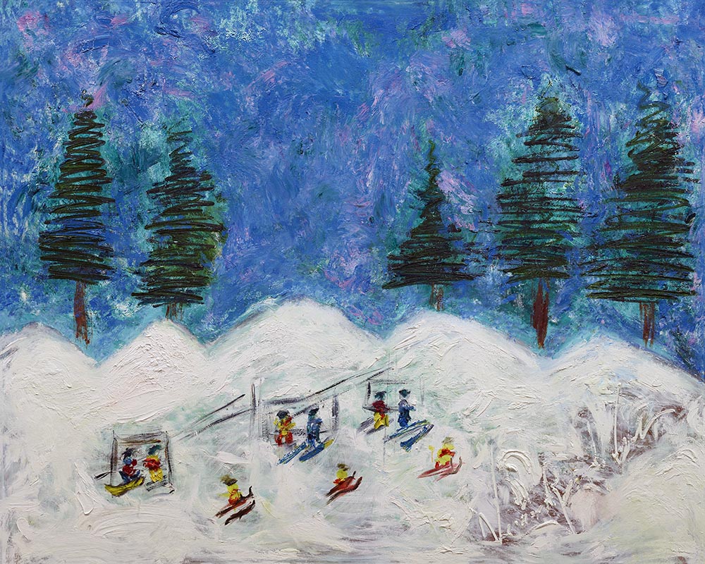 Peter's Mountains — original painting by Veronica Ruiz de Velasco. Snowy hills and dark green pines under a blue-purple sky, with tiny figures on a chairlift and skiing.