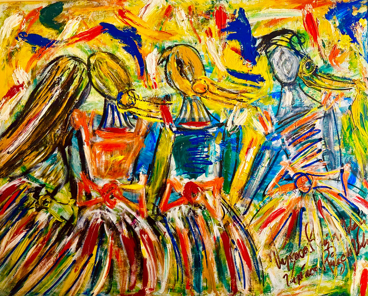 Dancers of the Rainbow — original painting by Veronica Ruiz de Velasco. Three figures in loose, heavy brushwork with swept-back hair against a field of hot yellow.