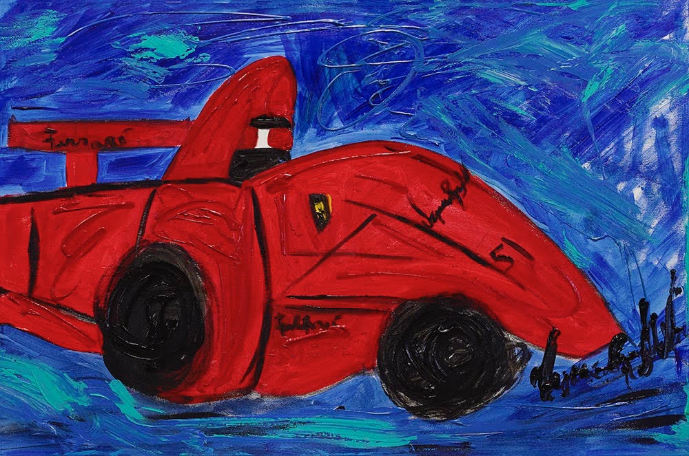 Success — original painting by Veronica Ruiz de Velasco. A red Ferrari in close-up profile against a churning cobalt-blue ground.