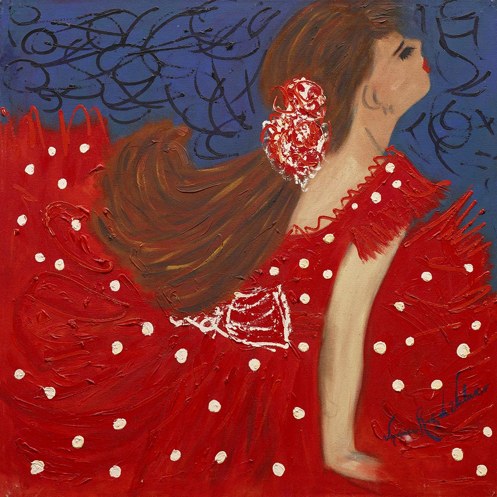Susanna In Love — original painting by Veronica Ruiz de Velasco. A woman in a red polka-dot dress in profile turns her face upward, auburn hair lifting off her shoulder.