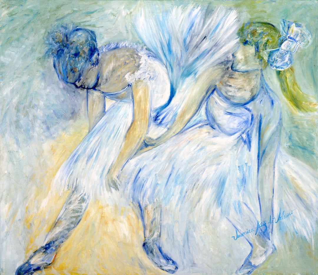 Homage to Edgar Degas — original oil on canvas by Veronica Ruiz de Velasco: one dancer leans into a downward curve, head bowed, body folded toward the floor; the other reclines beside her