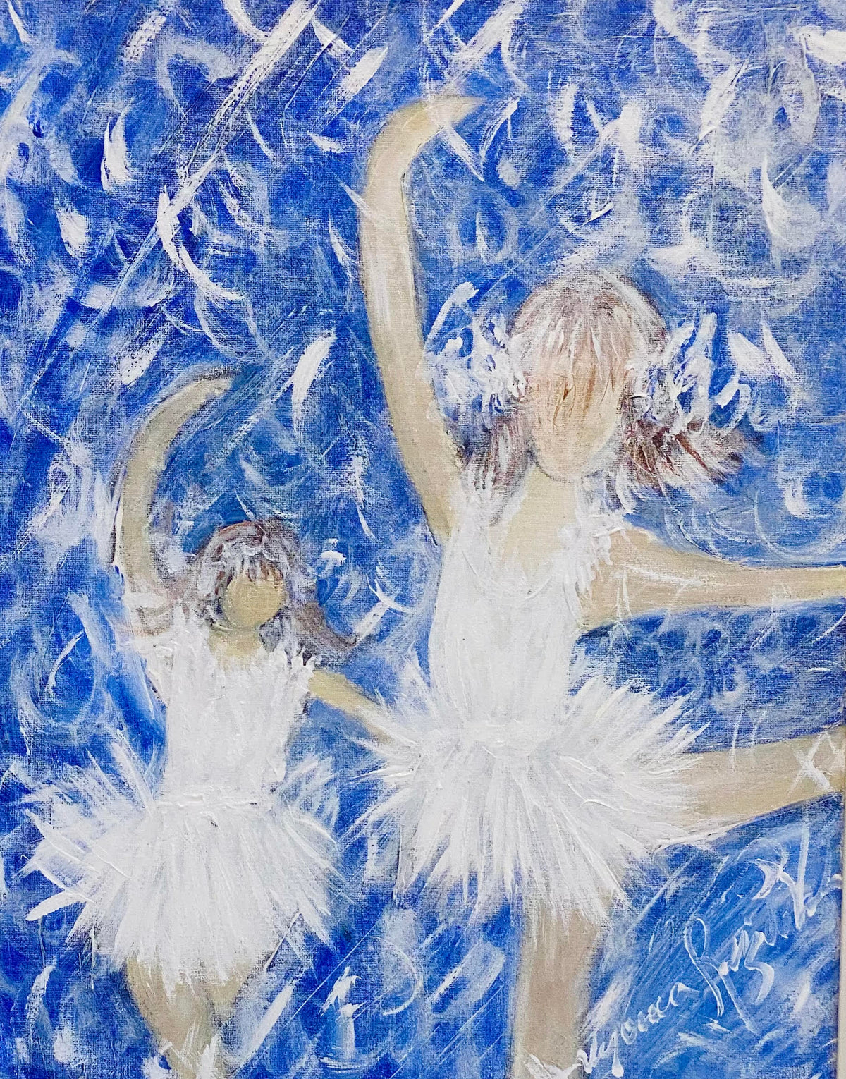 White Dancers — original painting by Veronica Ruiz de Velasco. Two figures in white tutus seen from behind, arms lifted in mirrored poses against a cobalt ground.
