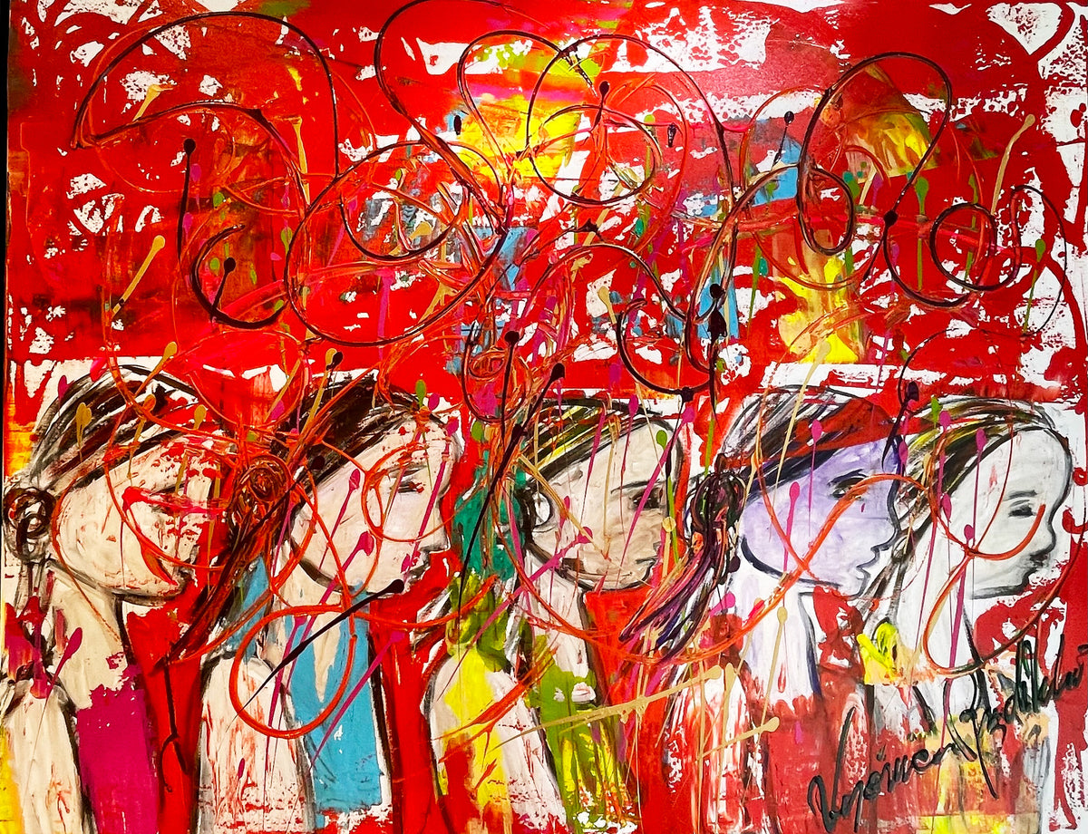 Best Friends — original painting by Veronica Ruiz de Velasco. A red, orange and gold field crossed by dark calligraphic loops holds a row of five profile faces below.