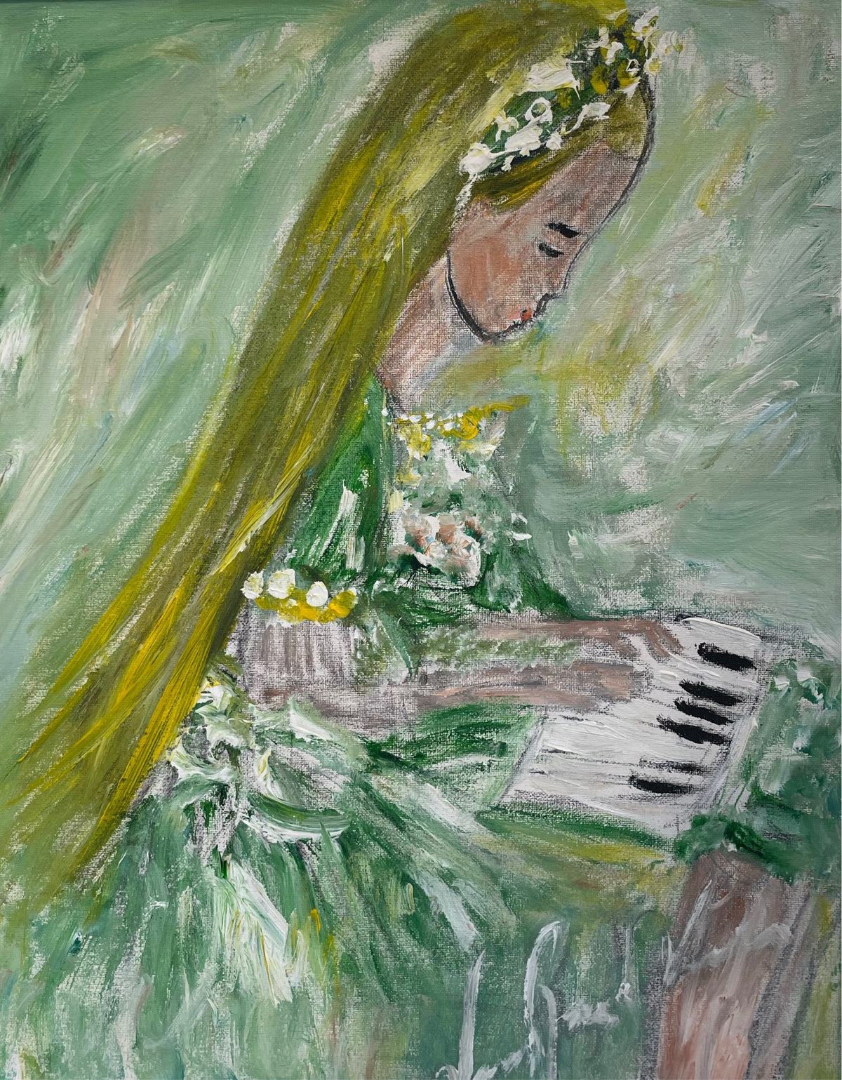 Bella — original painting by Veronica Ruiz de Velasco. A girl with long blonde hair and a flower crown sits at a piano in soft green tones.