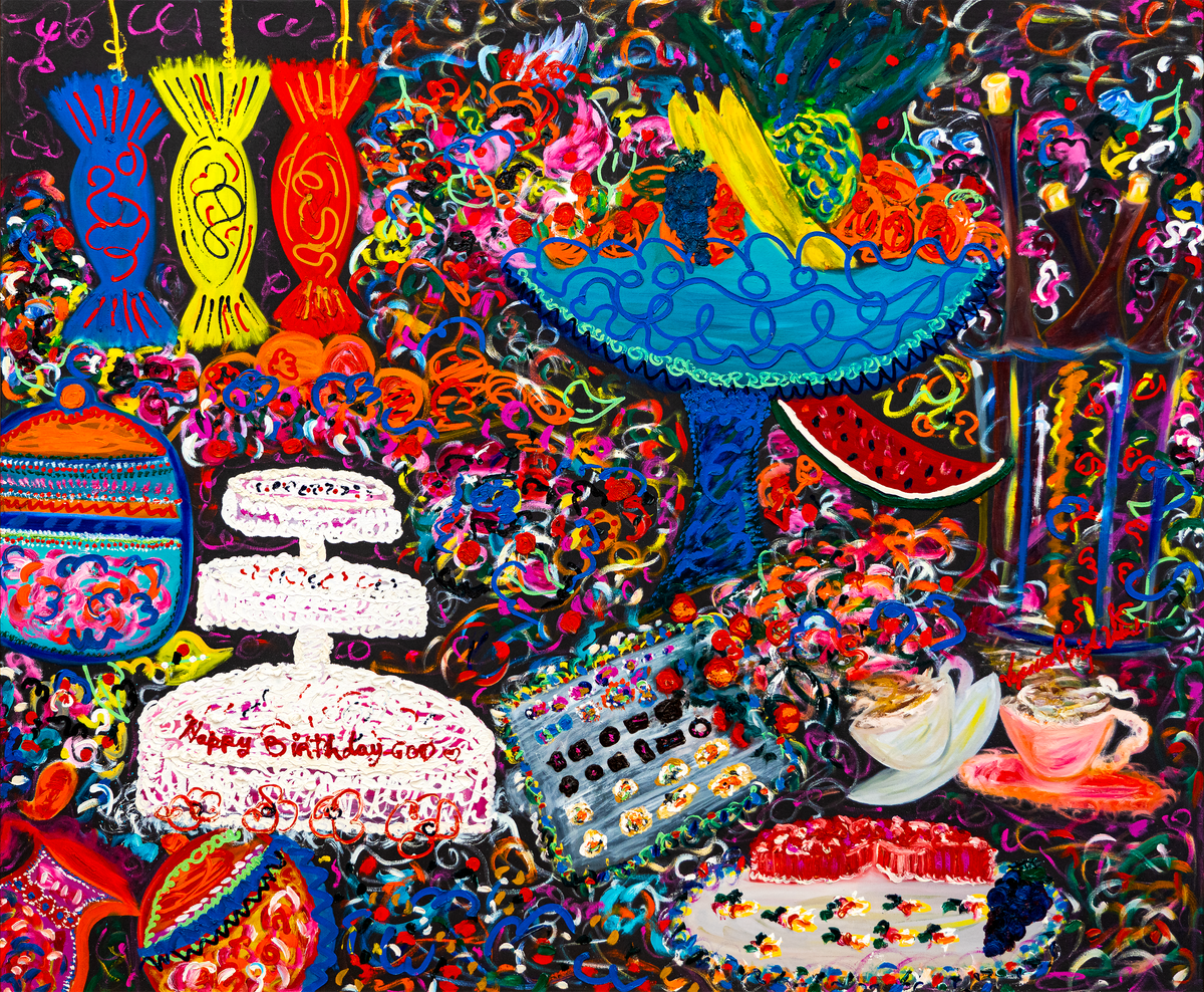 Celebration Table — by Veronica Ruiz de Velasco: a celebration table with a white cake, a bowl of fruit and sweets against a confetti-scribbled dark ground