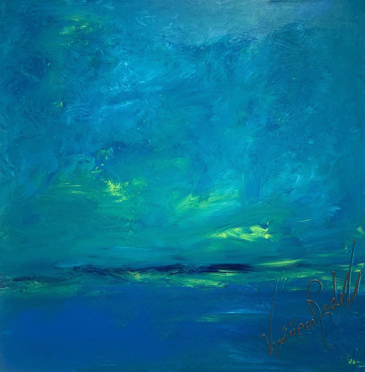 Just Thinking of Ocran — original mixed technique by Veronica Ruiz de Velasco, 48 x 48 inches, depicting Abstract ocean-inspired painting with blue and green tones