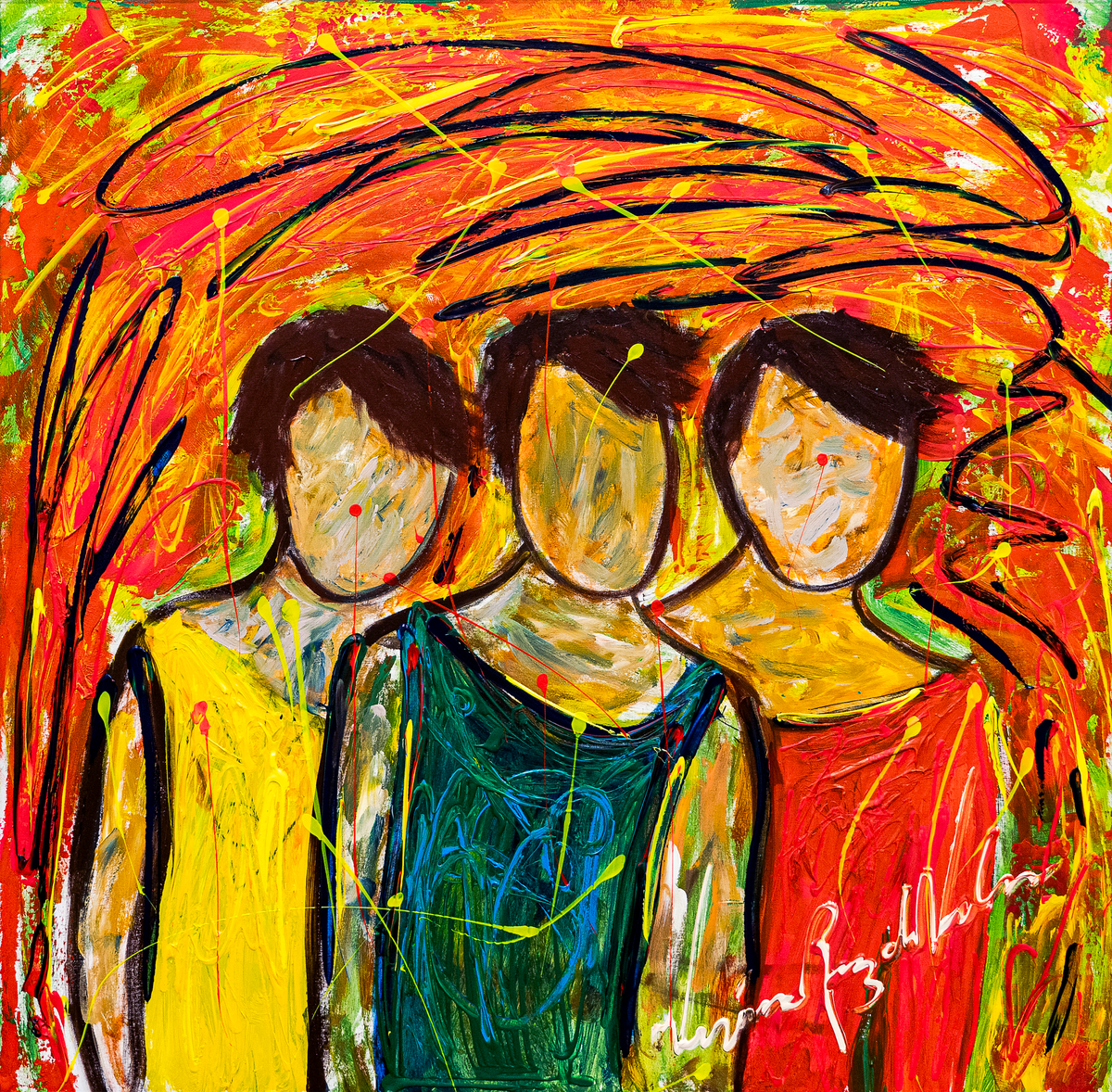 Three Friends — by Veronica Ruiz de Velasco: three faceless figures in yellow, teal-green and red-orange tops against a blazing orange backdrop