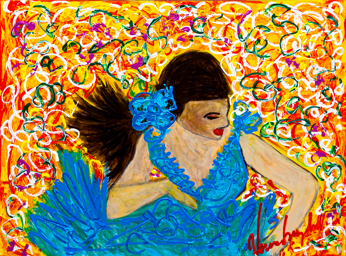 Adeline — by Veronica Ruiz de Velasco: a woman in profile with a dark ponytail in a teal ruffled dress and beaded strand against a yellow confetti ground